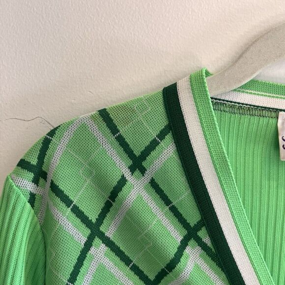 Vtg 60s 70s Green Argyle Cardigan Knit Check 5-6 Women's Aspirations Preppy - Picture 4 of 4